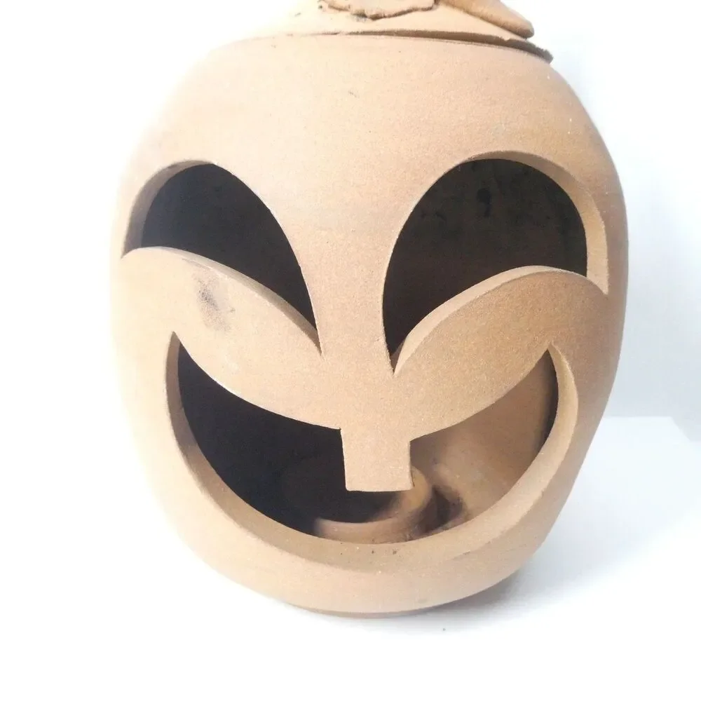 Terra Cotta Pumpkin Jack O Lantern Candle Holder Signed Clay Pottery Handmade